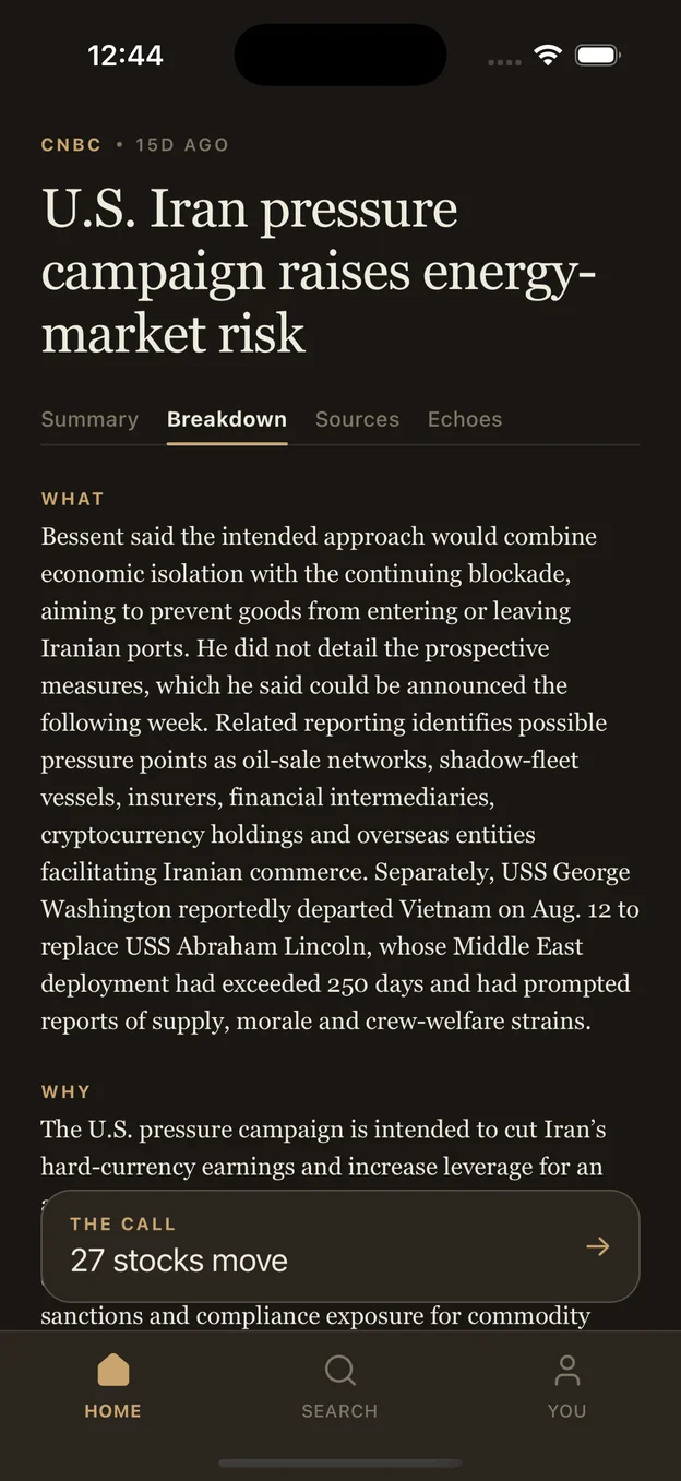 The Breakdown tab showing the what, why, when, where and who of the story