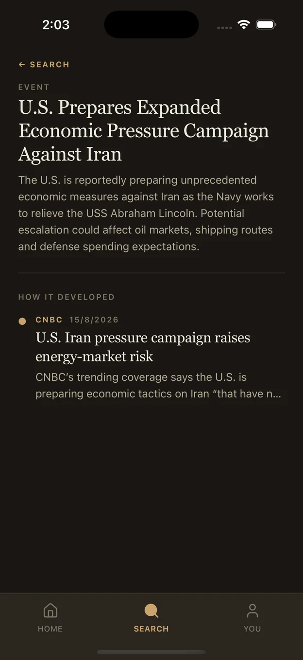 An opened event, U.S. Prepares Expanded Economic Pressure Campaign Against Iran, with a How it developed timeline beneath it