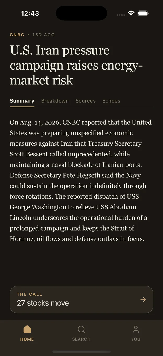 The oozh story screen: a CNBC report on the U.S. pressure campaign against Iran, summarised, with Summary, Breakdown, Sources and Echoes tabs