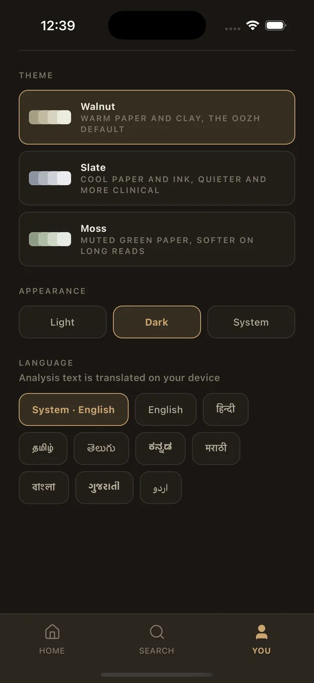 The You tab showing the Walnut, Slate and Moss themes and nine Indian language options